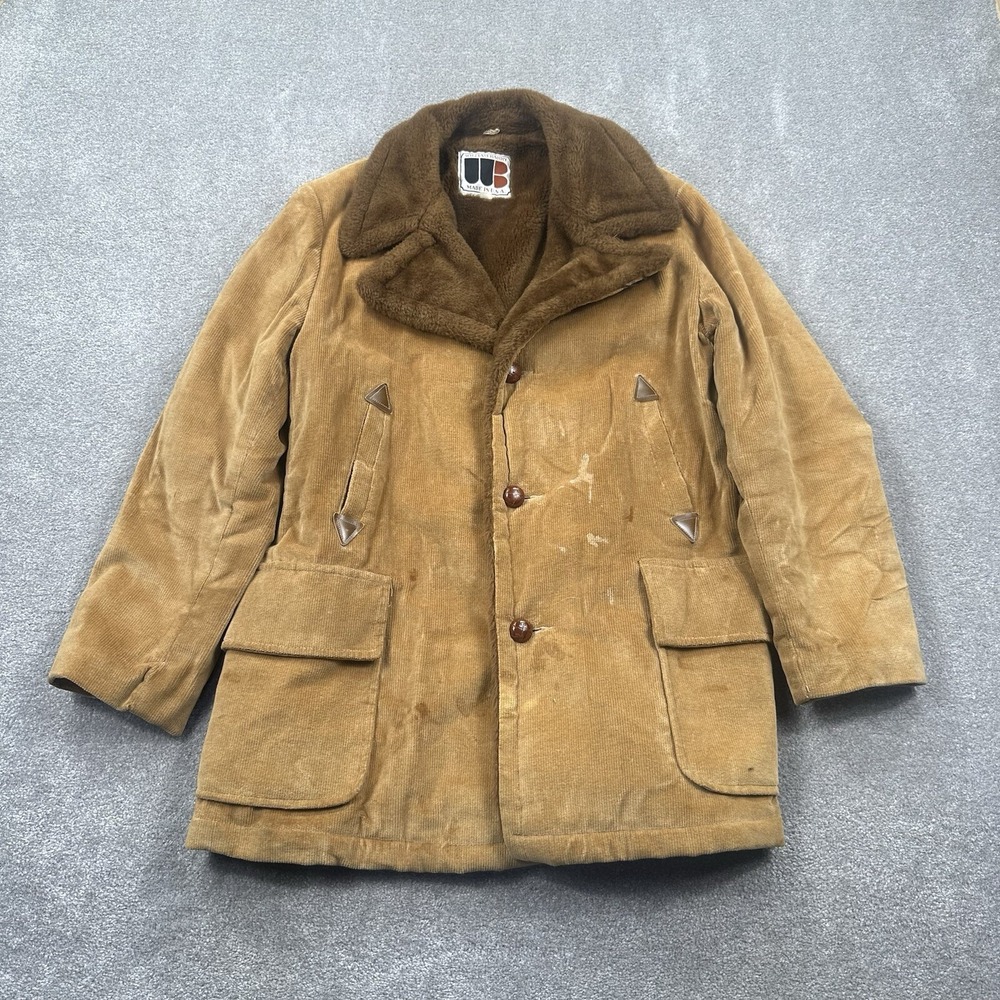 VTG William Barry Coat Size 44 Brown Lined USA Made Corduroy Faux Fur Button